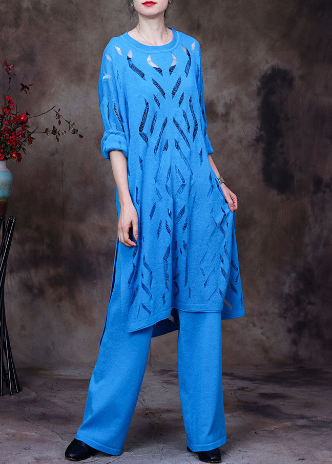 Blue O-neck Hollow Out Knit Three Pieces Set Long Sleeve