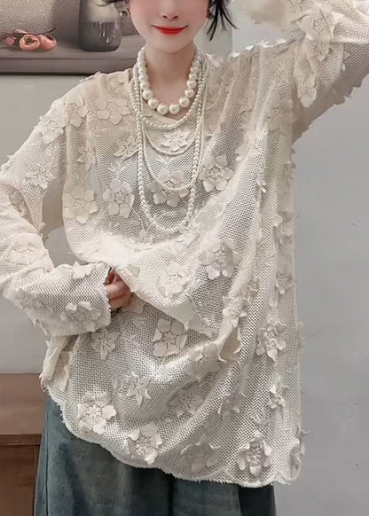 French Apricot O-neck Decorated Top Fall