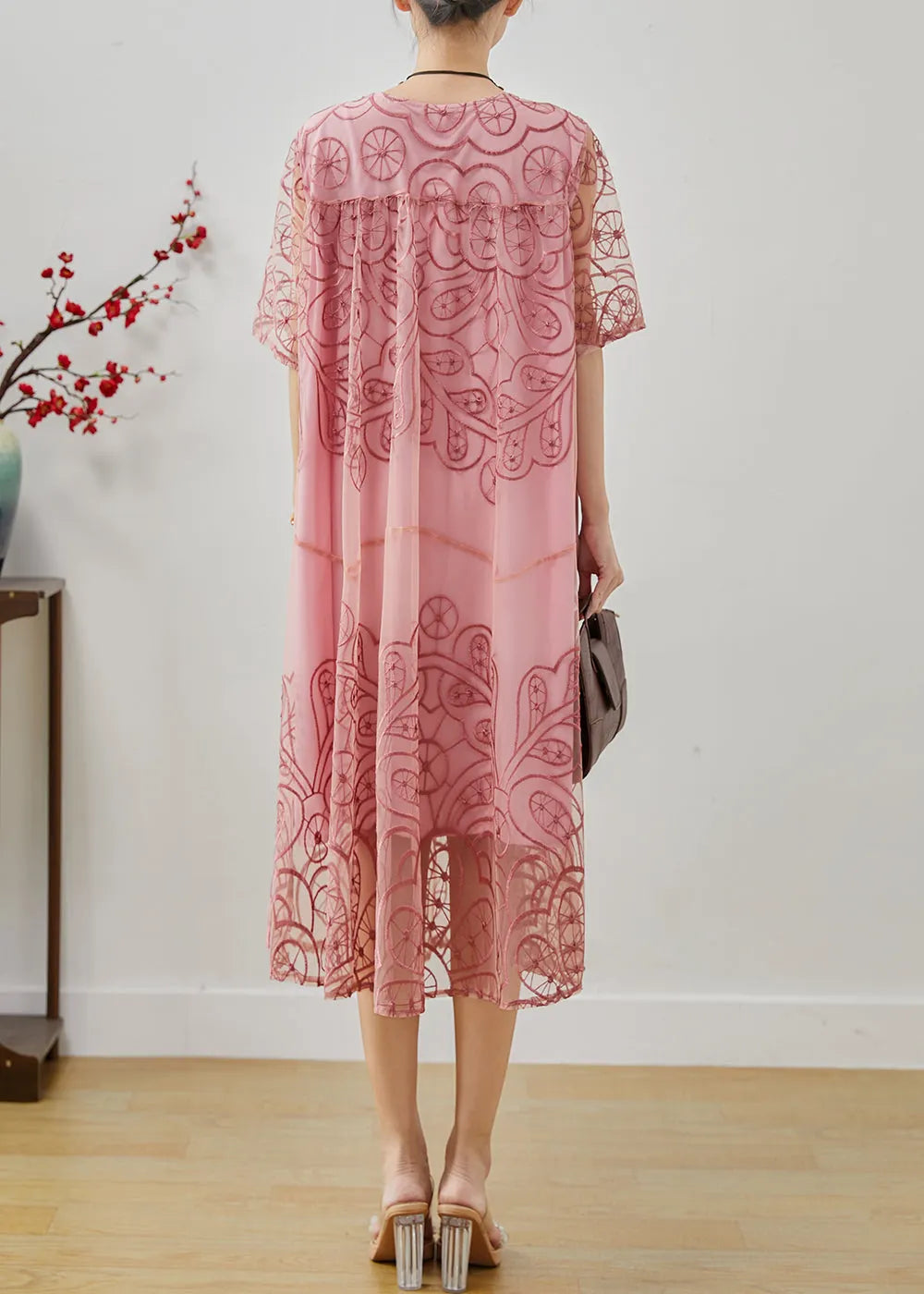 Pink Embroidered Tulle Ankle Dress Summer
