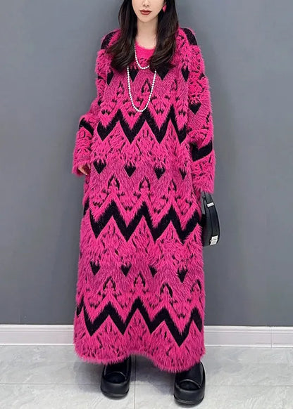 Rose O Neck Teddy Patchwork Knit Long Dress Fall