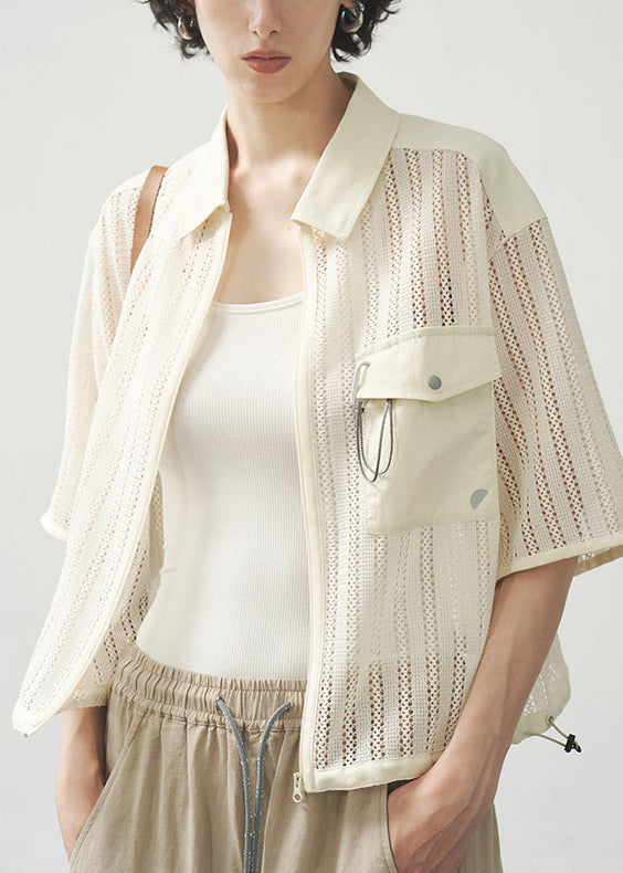 Beige Zippered Hollow Out Coat Short Sleeved