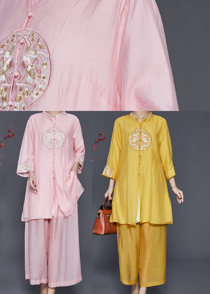 Art Pink Embroidered Linen Silk Two Pieces Set Spring