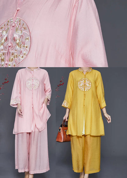Yellow Linen Silk Two Piece Set Clothing Embroidered Spring