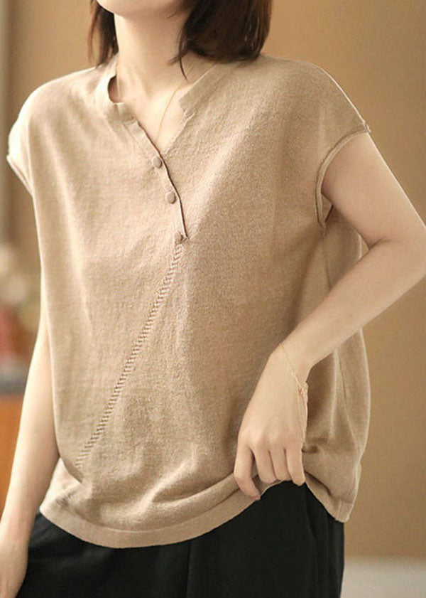 Beige V Neck Color Knit Tops Short Sleeve