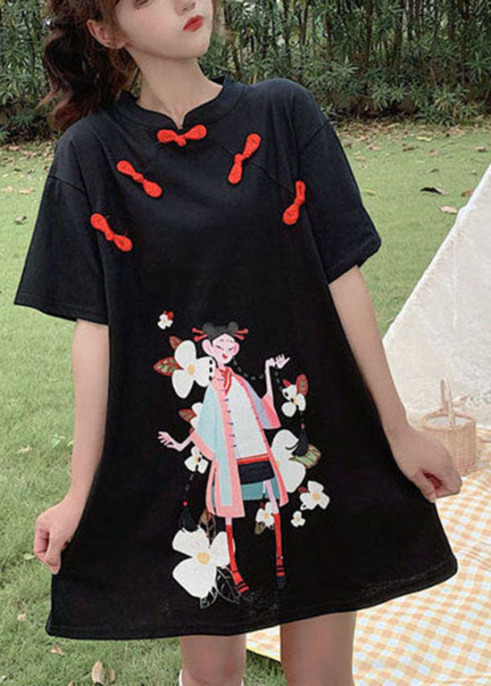 Black Print Student Dress Button Zip Up Short Sleeve Summer