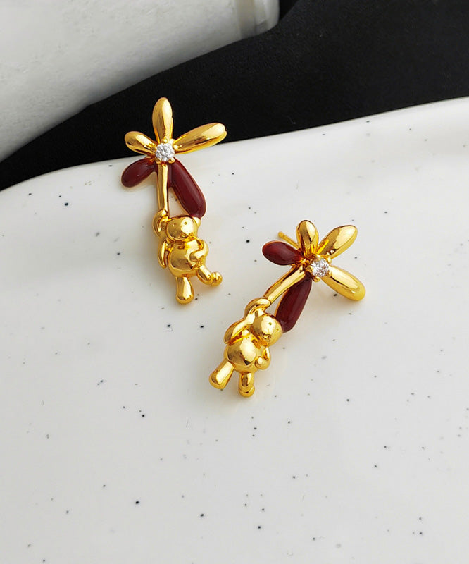 Stylish Gold Copper Overgild Oil Drip Zircon Little Bear Stud Earrings