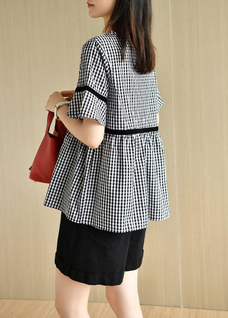 French Black White Plaid V Neck Summer Cotton Top Short Sleeve