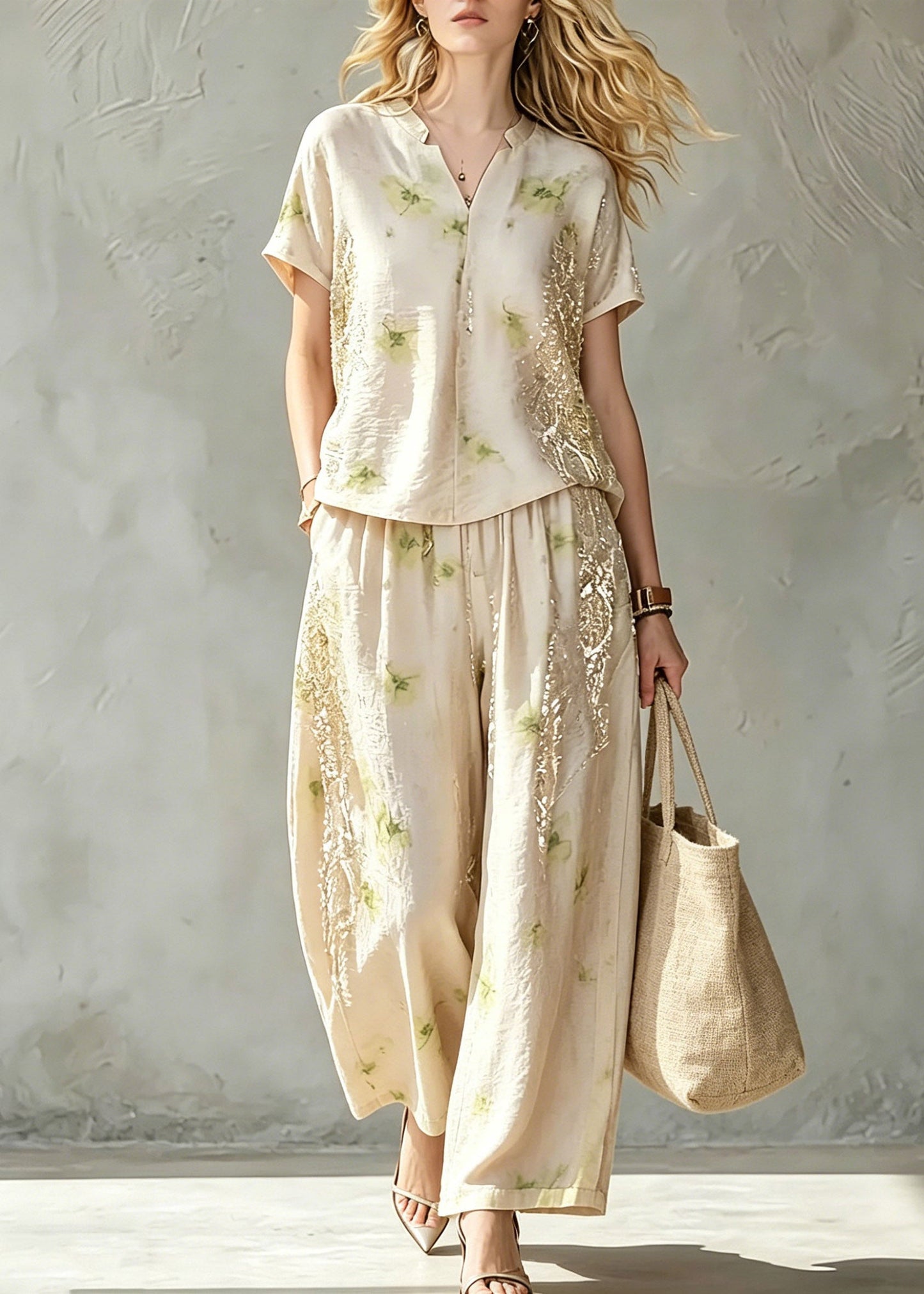 Jacquard Beige Patchwork Silk Tops and Wide Leg Pants Two Piece Set Summer