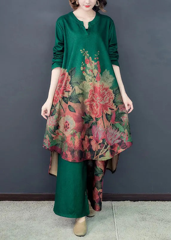 Green Silk Dress and Wide Leg Pants Two Pieces Set Low High Design Spring