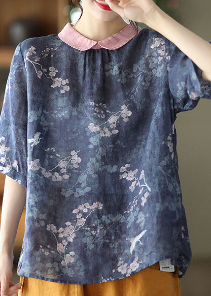 Blue Print Patchwork Linen Tops Peter Pan Collar Colorblock Short Sleeve