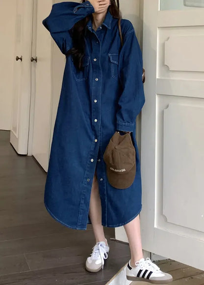 Loose Blue Peter Pan Collar Button Denim Shirts Dresses Fall