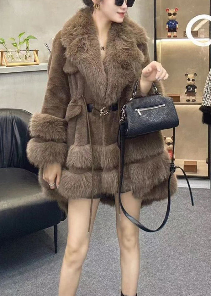 Leopard Fur Collar Drawstring Patchwork Faux Leather Coats Winter