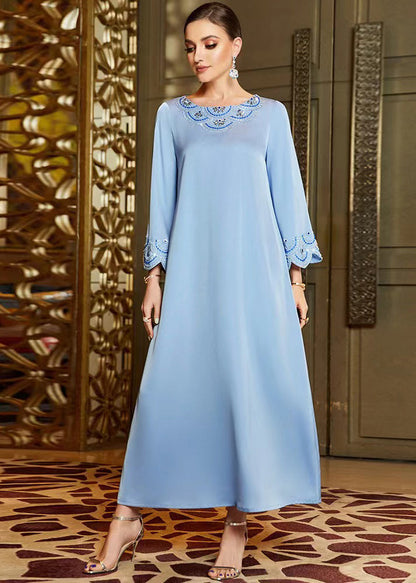 Blue Embroideried Nail Bead Chiffon Vacation Long Dresses Long Sleeve