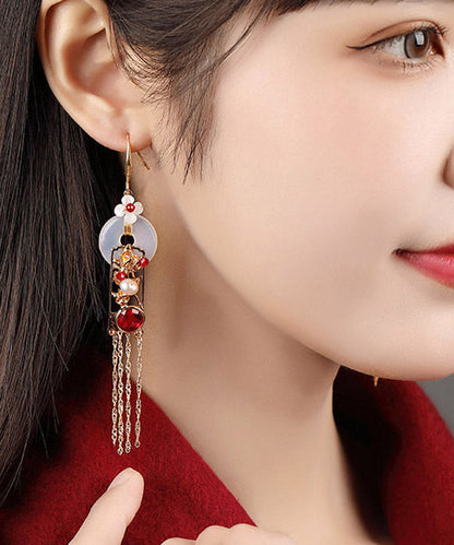 White Copper Jade Agate Pearl Tassel Drop Earrings