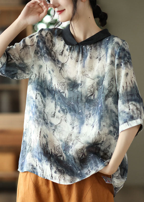 Blue Peter Pan Collar Button Linen Shirt Tops Half Sleeve