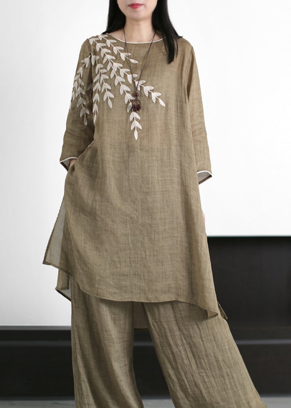 Chocolate Green O-neck Leaf Embroideried Side Open Linen Two Pieces Set Summer