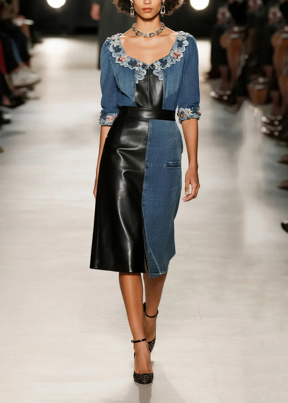 Boutique Denim Blue Asymmetrical Patchwork Faux Leather Flower Decorated Dress Summer
