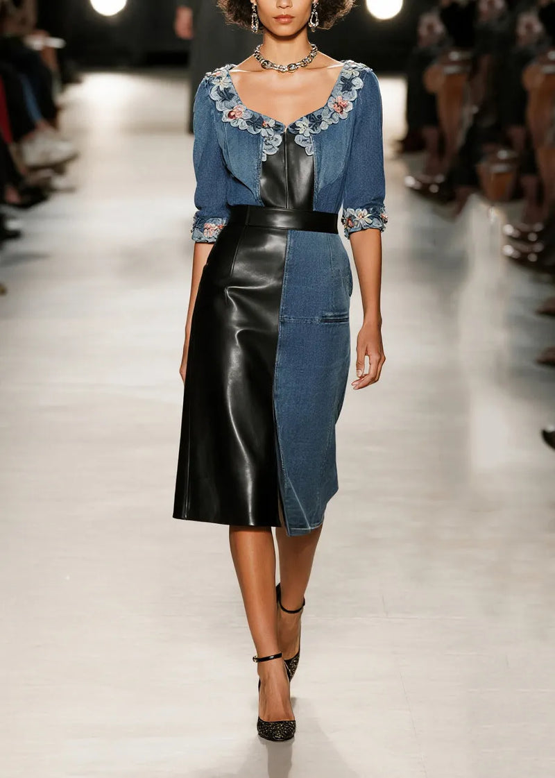 Boutique Denim Blue Asymmetrical Patchwork Faux Leather Flower Decorated Dress Summer
