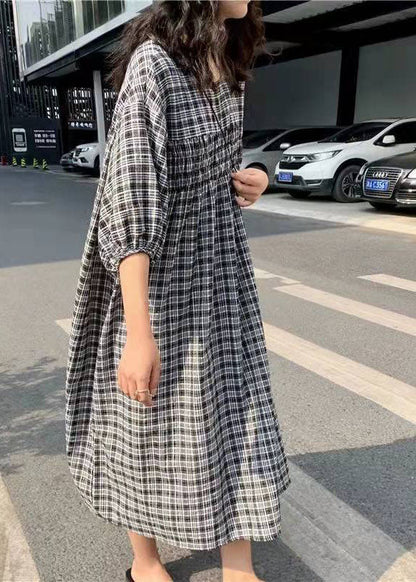 Black Cinched Plaid Cotton Maxi Dresses Half Sleeve