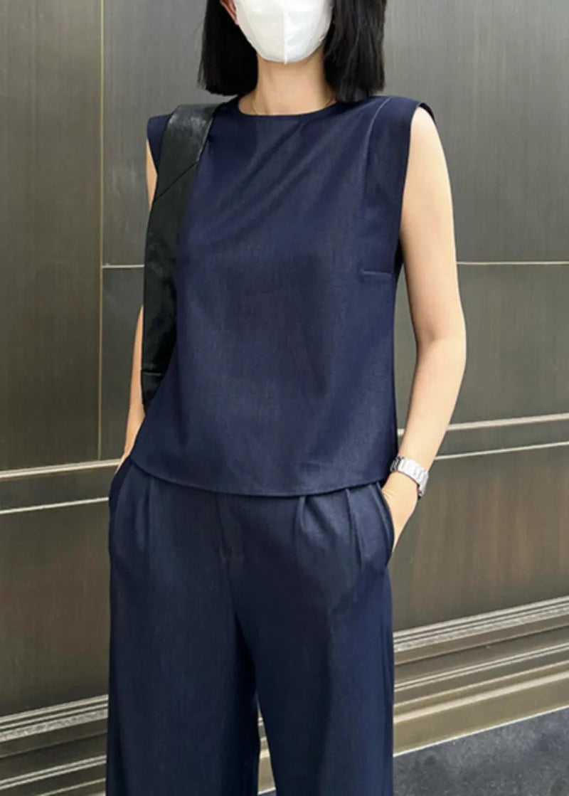 Stylish Navy O-neck Top and Wide Leg Pants Two Pieces Set Summer