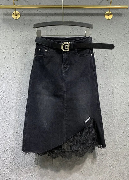 Black Lace Pockets Patchwork Denim Skirt Spring