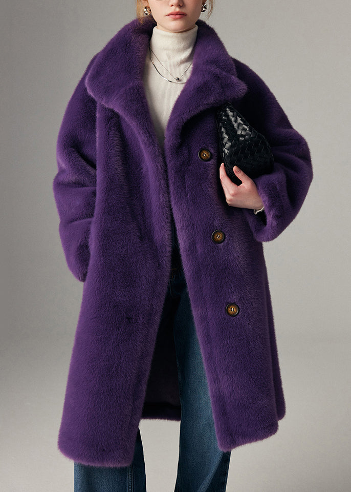Purple Button Pockets Leather and Fur Coats Stand Collar