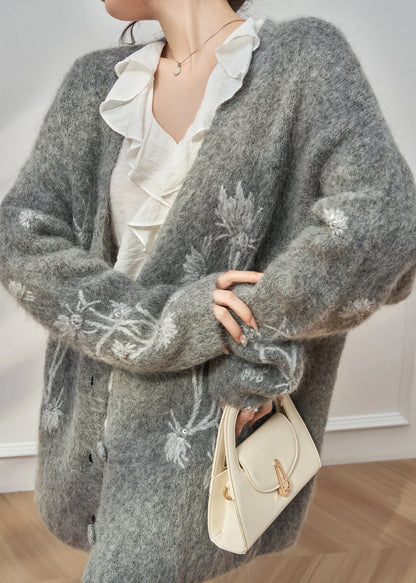 Grey V Neck Embroidered Cotton Knit Cardigan Fall
