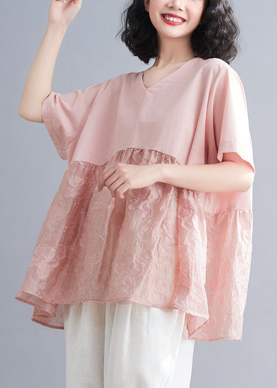 Pink V Neck Patchwork Jacquard Cotton Tank Tops Short Sleeve