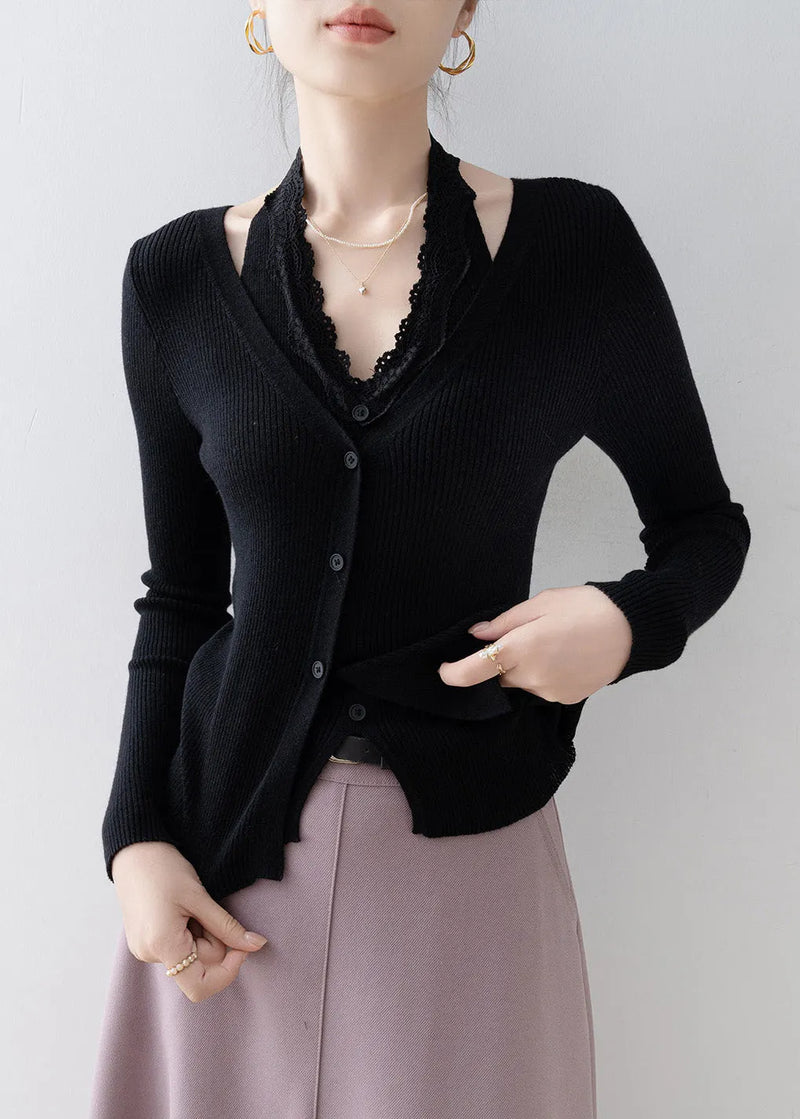 Boutique Black Lace Patchwork False Two Pieces Knitted Tops Spring