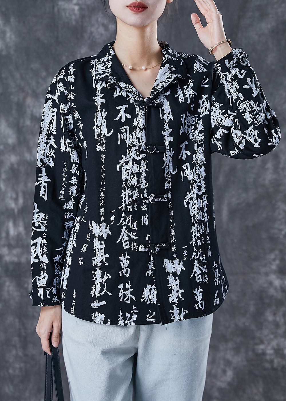 Black Print Chinese Button Cotton Shirt Spring