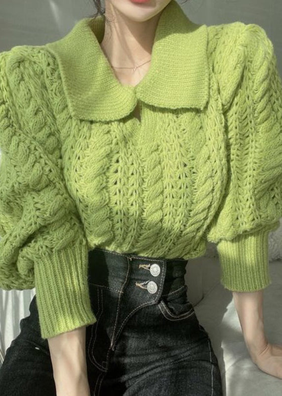 Green Peter Pan Collar Hollow Out Patchwork Knit Short Pullover Lantern Sleeve