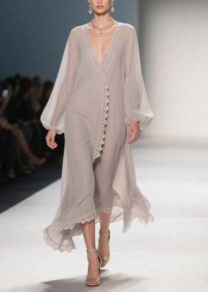 Apricot Lace Chiffon Maxi Dresses V Neck