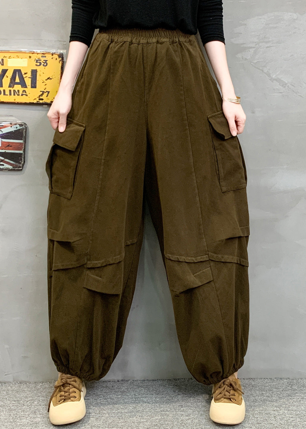 Red Pockets Patchwork Cotton Lantern Pants Fall