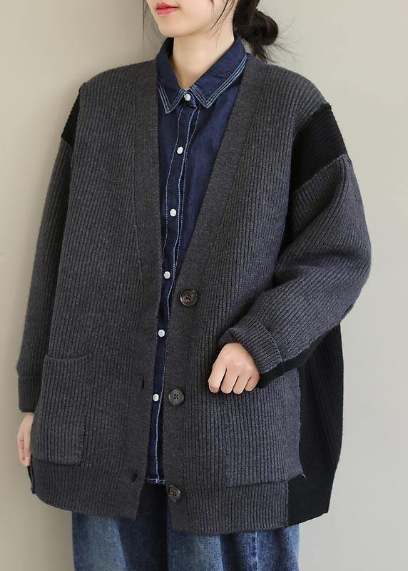 For Spring Gray Knitted Pullover V Neck Button Downfall Spring Knit Ssweat Tops