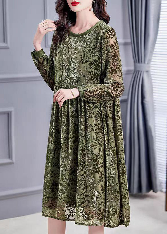 Jacquard Army Green O-neck Lace Up Silk Velour Dress Long Sleeve