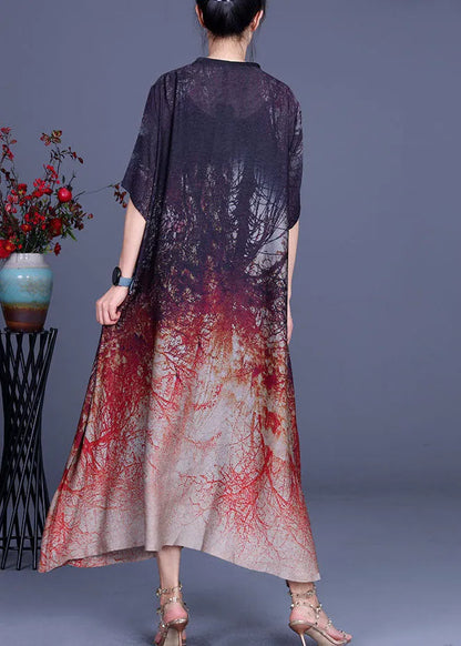 Chocolate V Neck Asymmetrical Design Print Fall Half Sleeve Dress