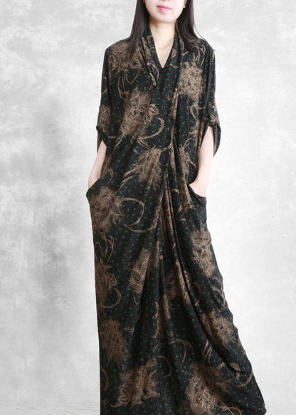 Retro V Neck Asymmetrical Print Pockets Draping Silk Dress Half Sleeve