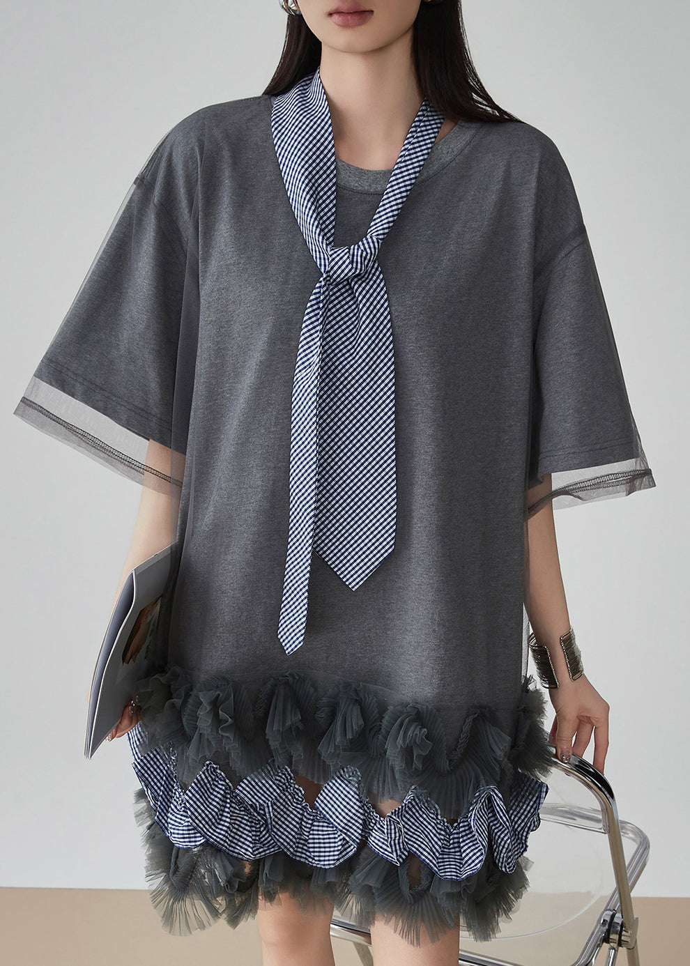 Grey Ruffled Tulle Patchwork Fake Two Pieces Mid Dress Short Sleeve