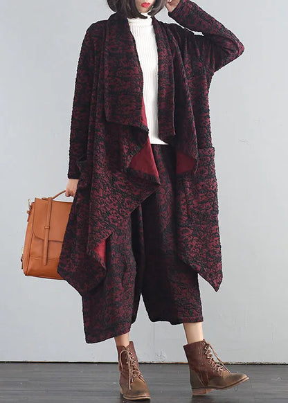 Modern Mulberry V Neck Print Trench Coats and Crop Pants Two Piece Set Fall