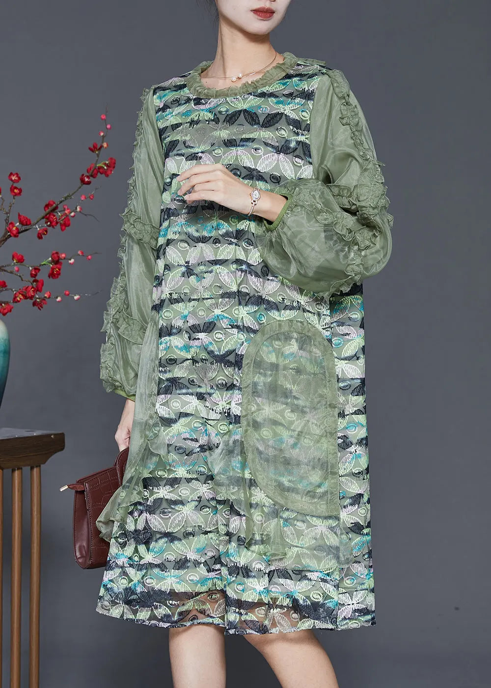 Classy Green Ruffled Patchwork Silk Dress Spring