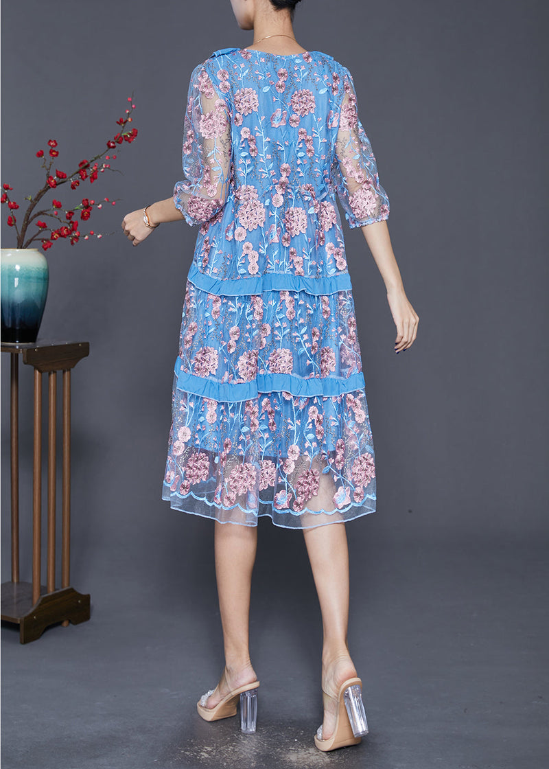 Modern Lake Blue Ruffled Patchwork Embroideried Tulle Dress Summer