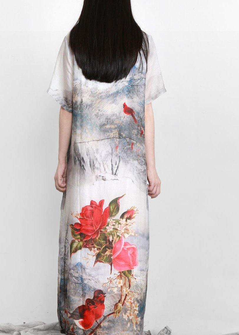 French White Print Linen Chinese Button Vacation Dresses