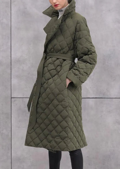 Army Green Tie Waist Pockets Duck Down Coat Long Sleeve
