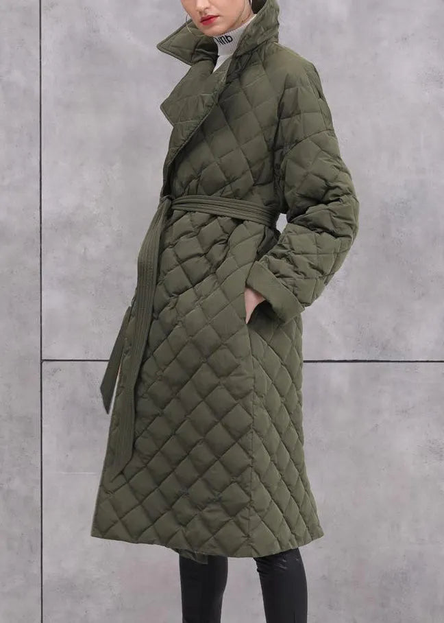 Army Green Tie Waist Pockets Duck Down Coat Long Sleeve