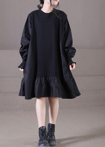 Handmade Black O-neck Wrinkled Patchwork Ruffles Cotton Mid Dress Lantern Sleeve