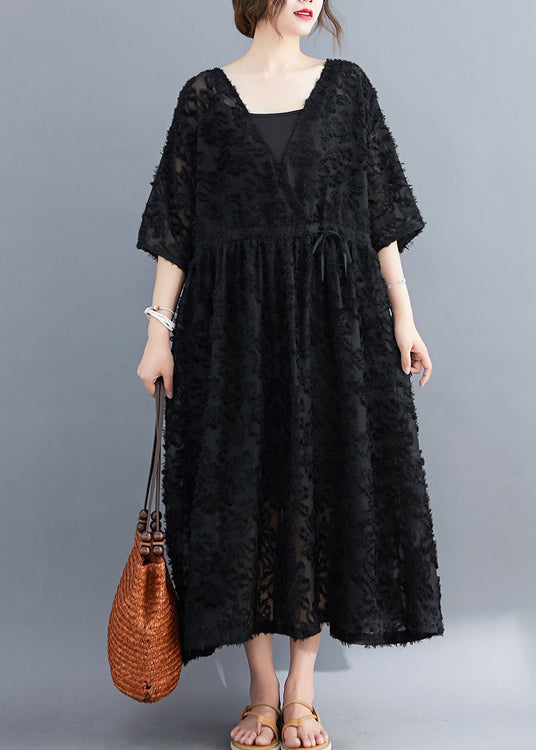 Black V Neck Embroideried Dress Two Pieces Set Half Sleeve