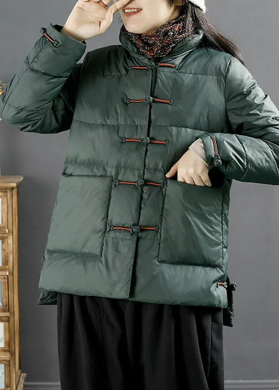 Green Button Pockets Duck Down Coats Long Sleeve