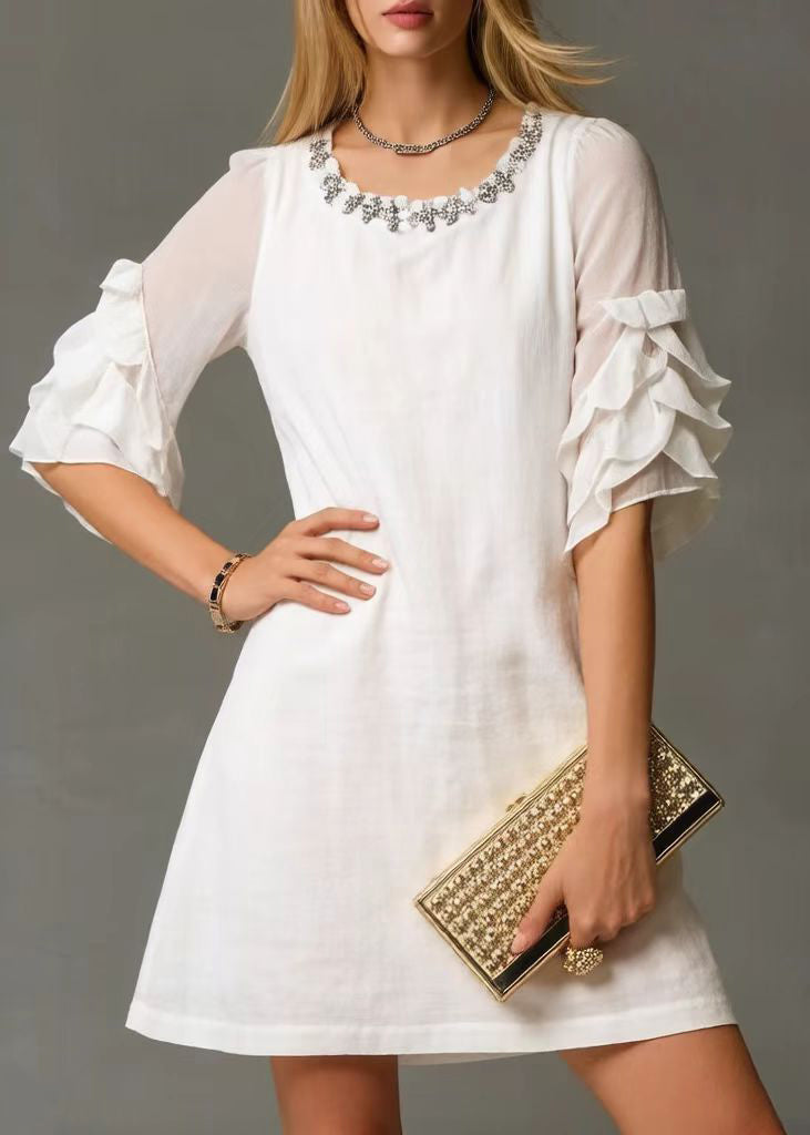 White O-neck Zircon Cotton Day Dress Petal Sleeve