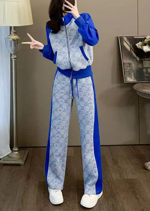 Grey Zip Up Pockets Patchwork Cotton Two-piece Set Spring