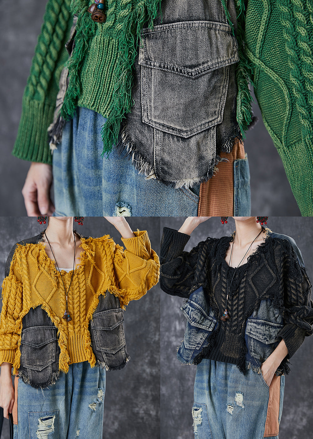 Boutique Black Oversized Patchwork Denim Knitted Tops Winter